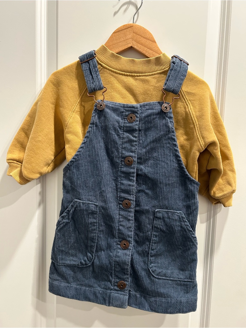 OshKosh Blue Corduroy Button-Front Pinafore Overalls with Zara sweatshirt